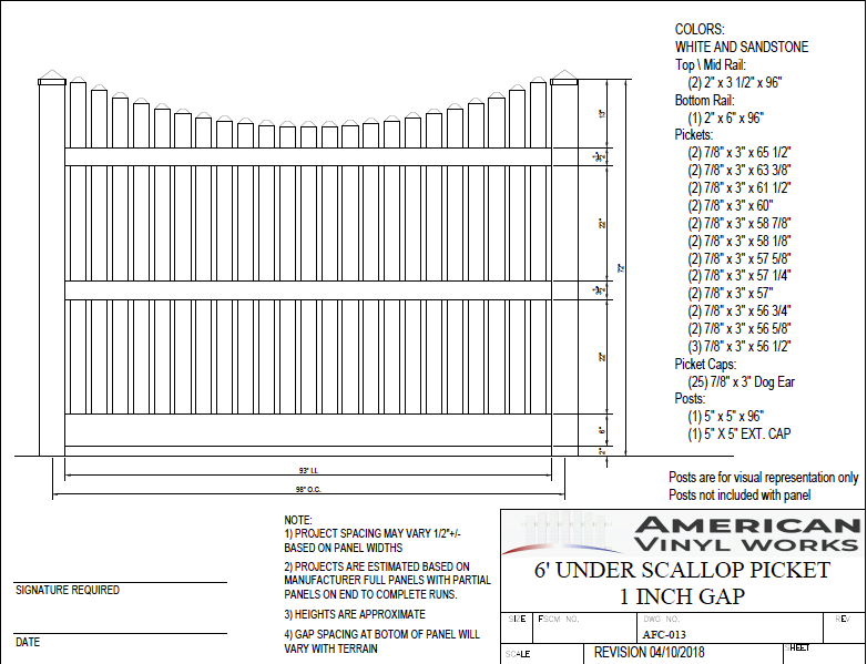 [AFC-013] 6' Tall x 8' Wide Underscallop Fence with 1" Air Space For Vinyl Fences