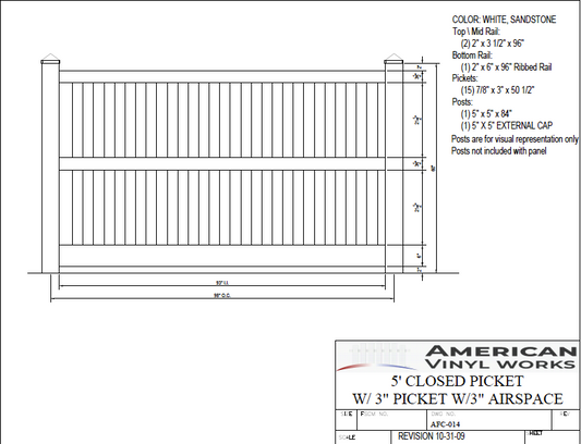 [AFC-014] 5' Tall x 8' Wide Closed Picket Fence with 3" Air Space For Vinyl Fences