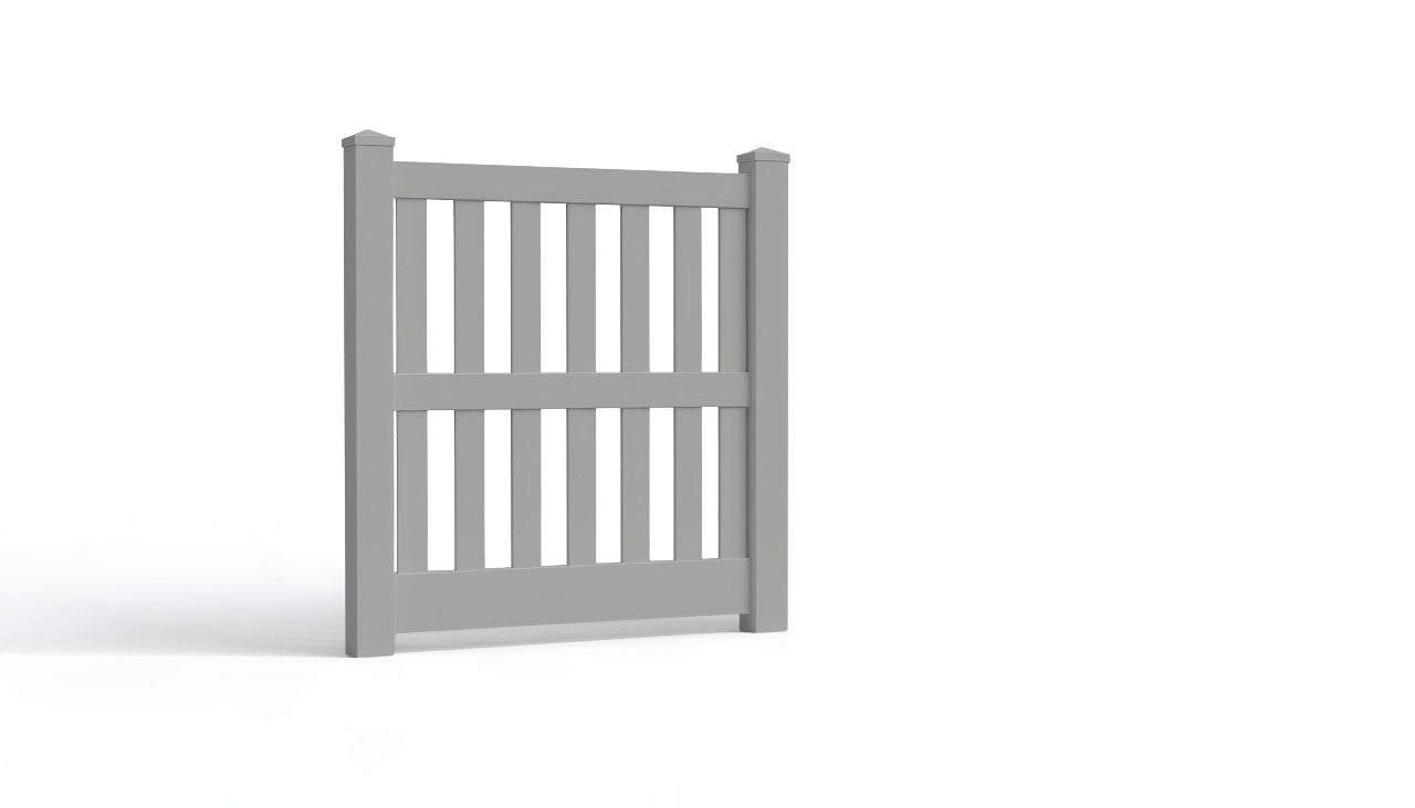A four-foot closed picket PVC fence panel with a gray surface and pyramid-shaped fence posts.