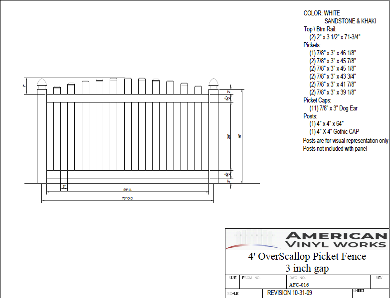 [Price Per Foot - AFC-016] 4' Tall Overscallop Picket Fence with 3" Air Space For Vinyl Fences