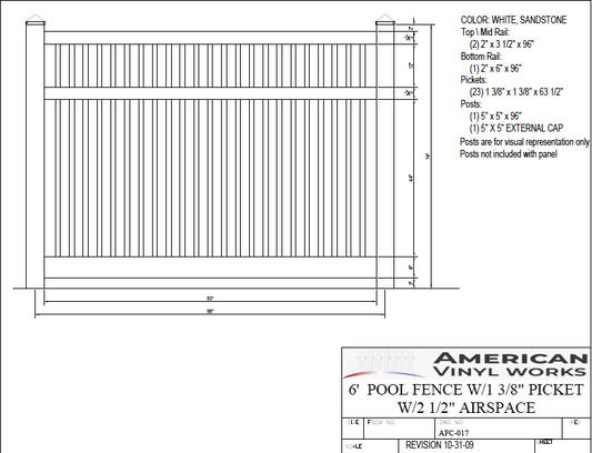 [AFC-017] 6' Tall x 8' Wide Pool Closed Picket Fence with 2-1/2" Air Space For Vinyl Fences