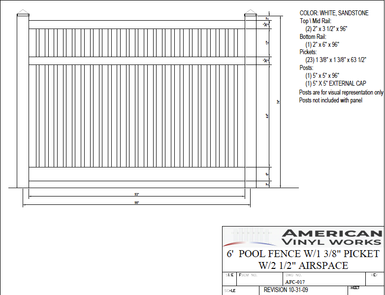 [Price Per Foot - AFC-017] 6' Tall Pool Closed Picket Fence with 2-1/2" Air Space For Vinyl Fences