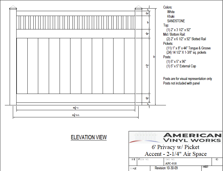 [Price Per Foot - AFC-018] 6' Tall Privacy Fence with Picket Accent For Vinyl Fences