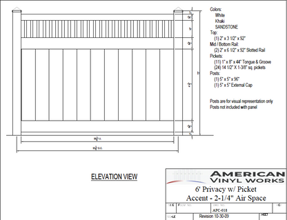 [Price Per Foot - AFC-018] 6' Tall Privacy Fence with Picket Accent For Vinyl Fences