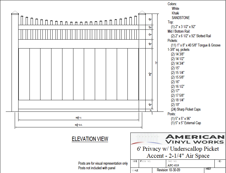 [Price Per Foot - AFC-019] 6' Tall Privacy Fence with Underscallop Picket Accent For Vinyl Fences