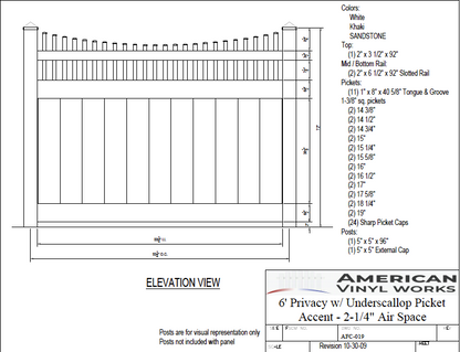 [Price Per Foot - AFC-019] 6' Tall Privacy Fence with Underscallop Picket Accent For Vinyl Fences