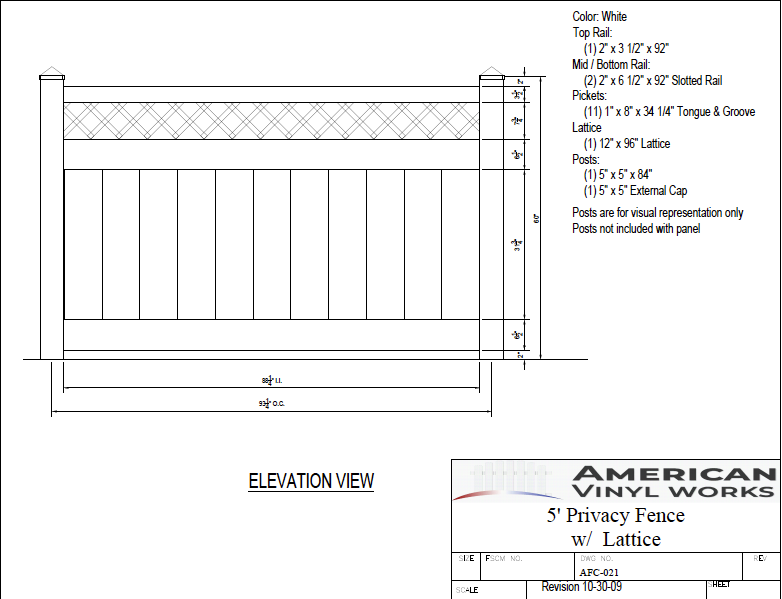 [Price Per Foot - AFC-021] 5' Tall Privacy Fence with Lattice Accent For Vinyl Fences