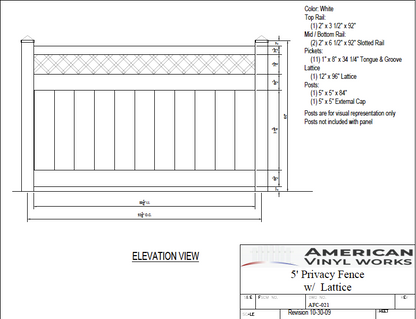 [Price Per Foot - AFC-021] 5' Tall Privacy Fence with Lattice Accent For Vinyl Fences