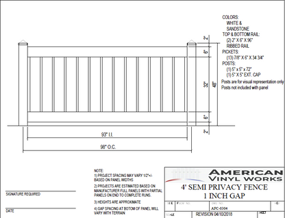 [Price Per Foot - AFC-0304] 4' Tall Semi-Privacy Vinyl Fence with 1" Air Space