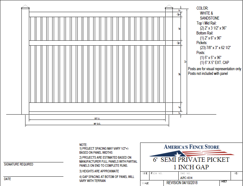 White 7/8" x 3" x 62-1/2" picket AFC-034