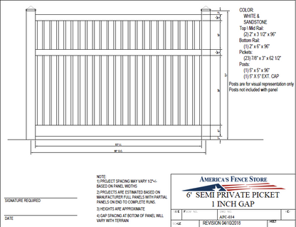 White 7/8" x 3" x 62-1/2" picket AFC-034