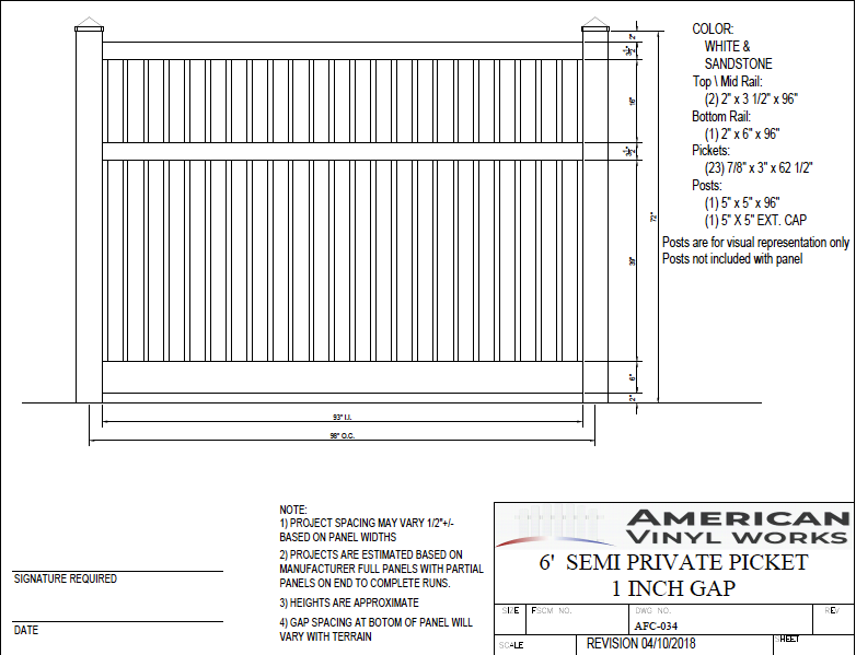 [AFC-034] 6' Tall x 8' Wide Semi Private Fence with 3 Rails For Vinyl Fences