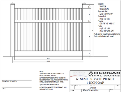 [AFC-034] 6' Tall x 8' Wide Semi Private Fence with 3 Rails For Vinyl Fences