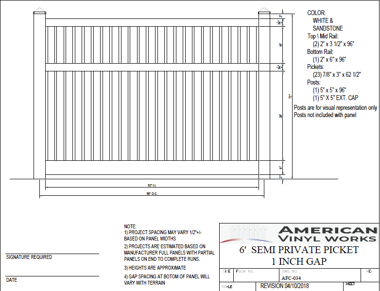[Price Per Foot - AFC-034] 6' Tall Semi Private Fence with 3 Rails For Vinyl Fences