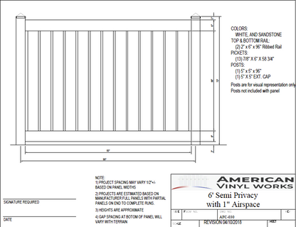 [AFC-030] 6' Tall x 8' Wide Semi-Privacy Fence with 2 Rails For Vinyl Fences