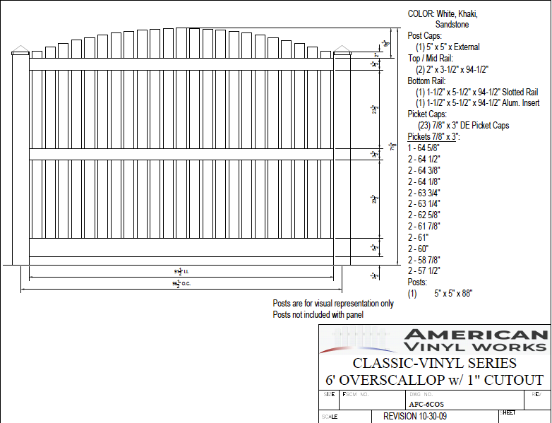 [Price Per Foot - AFC-6COS] 6' Tall Overscallop Picket Fence with 1" Air Space For Vinyl Fences