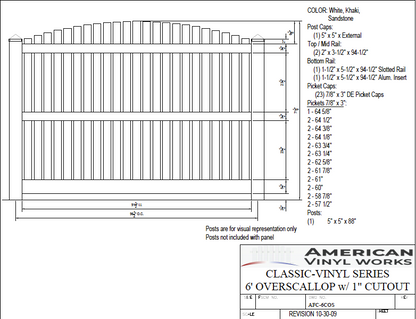 [Price Per Foot - AFC-6COS] 6' Tall Overscallop Picket Fence with 1" Air Space For Vinyl Fences