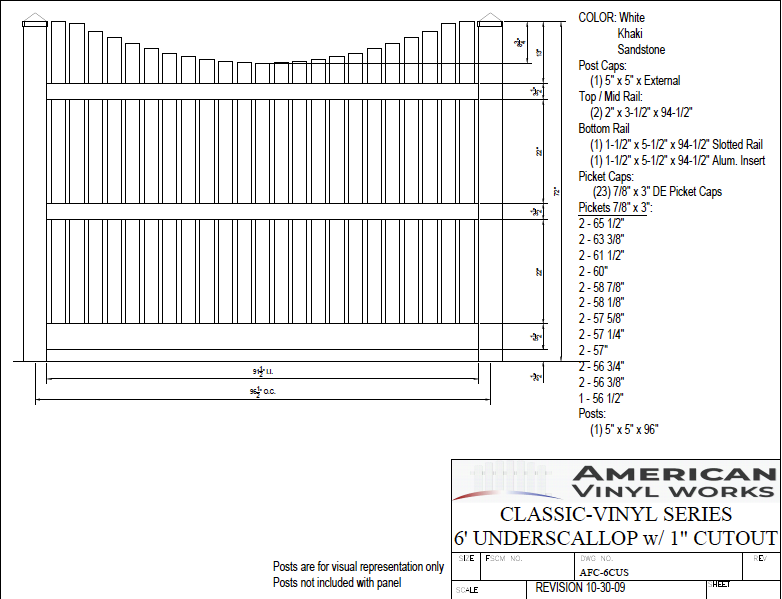 [AFC-6CUS] 6' Tall x 8' Wide Underscallop Picket Fence with 1" Air Space For Vinyl Fences