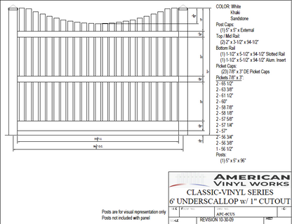 [AFC-6CUS] 6' Tall x 8' Wide Underscallop Picket Fence with 1" Air Space For Vinyl Fences