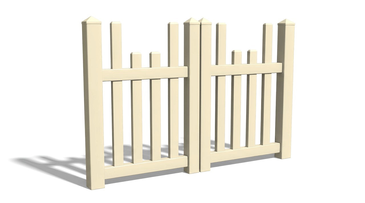 A tan-colored vinyl fence panel with underscallop pickets.