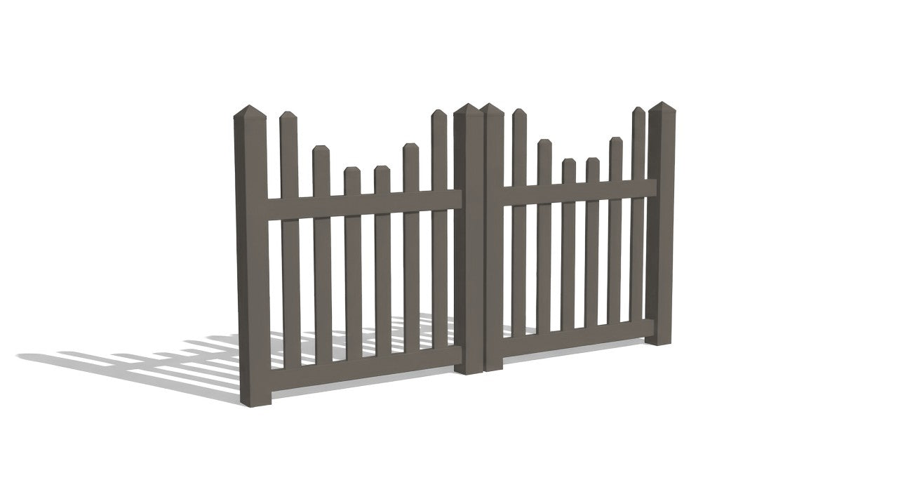 A dark gray vinyl underscallop double drive gate for PVC fencing.