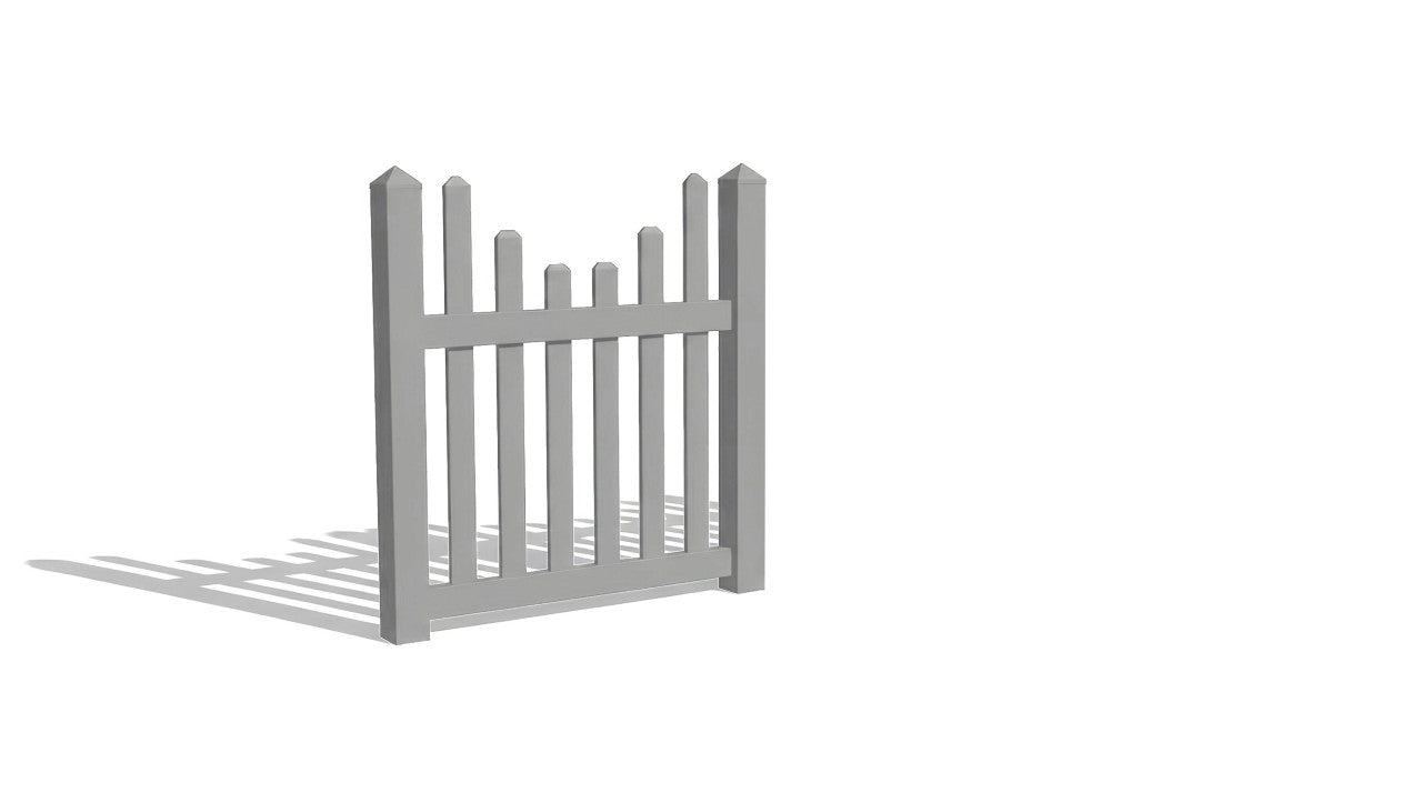 A 4' gray single swing gate with underscallop pickets
