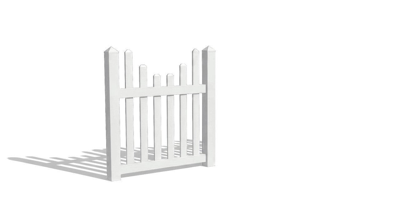 A picket vinyl fence panel with an underscallop shape and white finish.