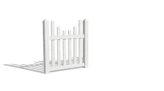 A picket vinyl fence panel with an underscallop shape and white finish.
