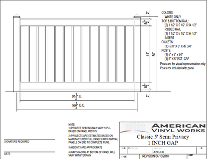 [AFC-C32] 5' Tall x 8' Wide Semi Privacy Vinyl Fence