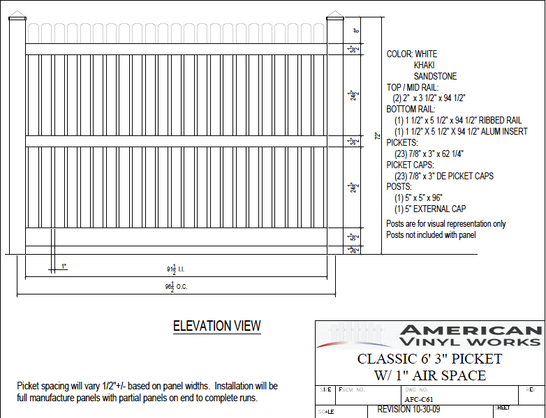 [AFC-C61] Classic 6' 3" Picket w/1" Air Space For Vinyl Fences