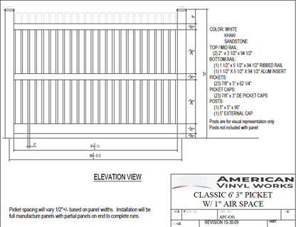 [AFC-C61] Classic 6' 3" Picket w/1" Air Space For Vinyl Fences