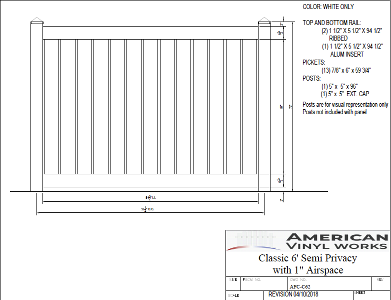 [Price Per Foot - AFC-C62] 6' Tall Semi Private Fence with 1" Air Space For Vinyl Fences