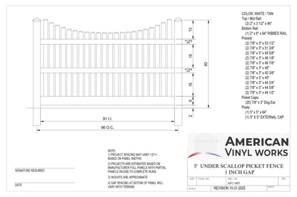 5' Tall x 8' Wide Underscallop Picket Fence Panel w/ 1" Gap For Vinyl Fences (AFC-003)