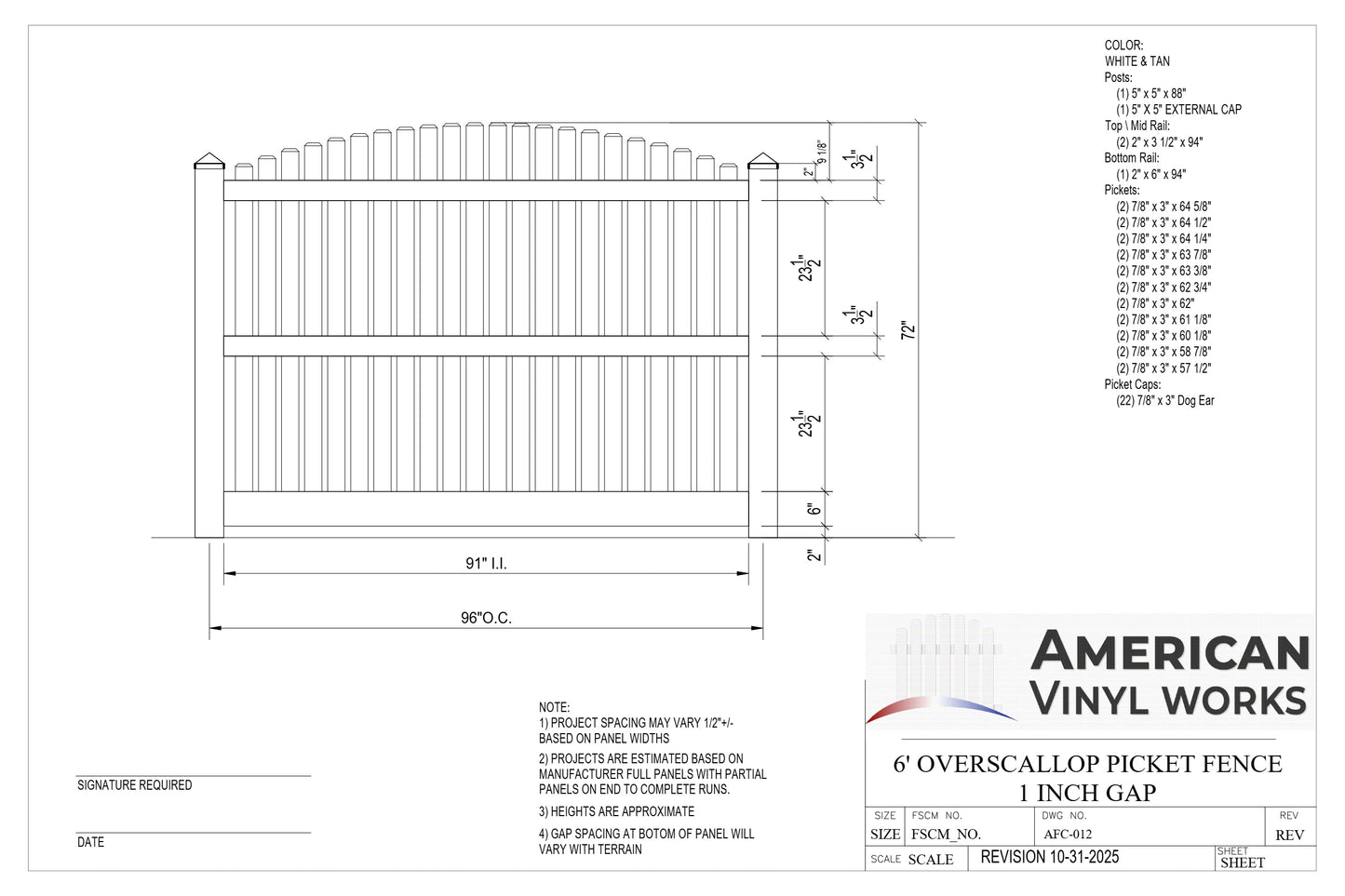 [300 Feet of Fence] 6' Tall Overscallop AFC-012 Vinyl Complete Fence Package