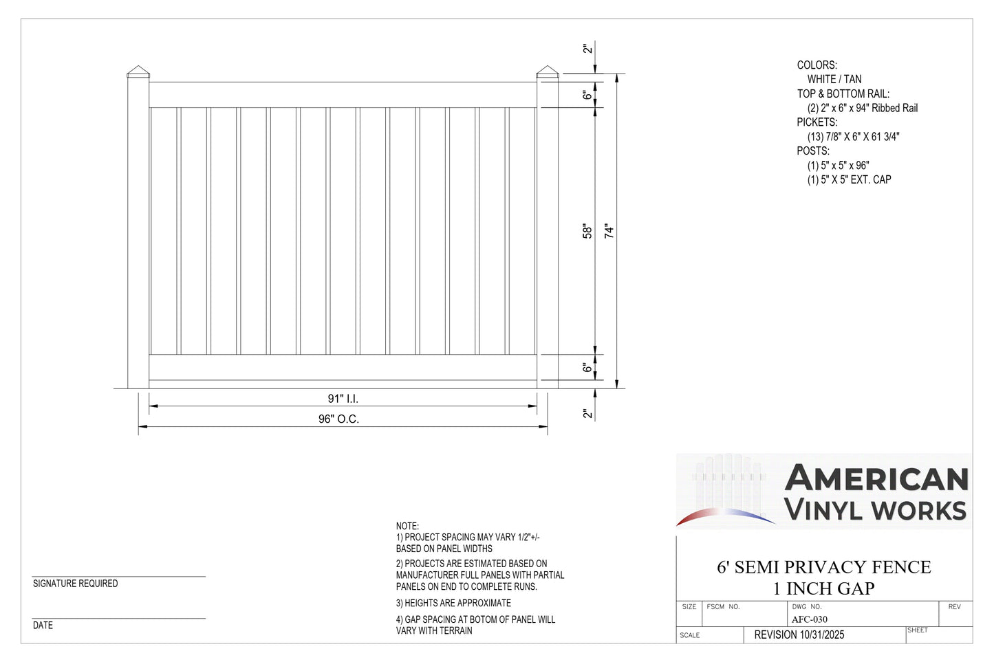 [PRICE PER FOOT] 6' Tall Semi-Privacy AFC-030 Vinyl Fence