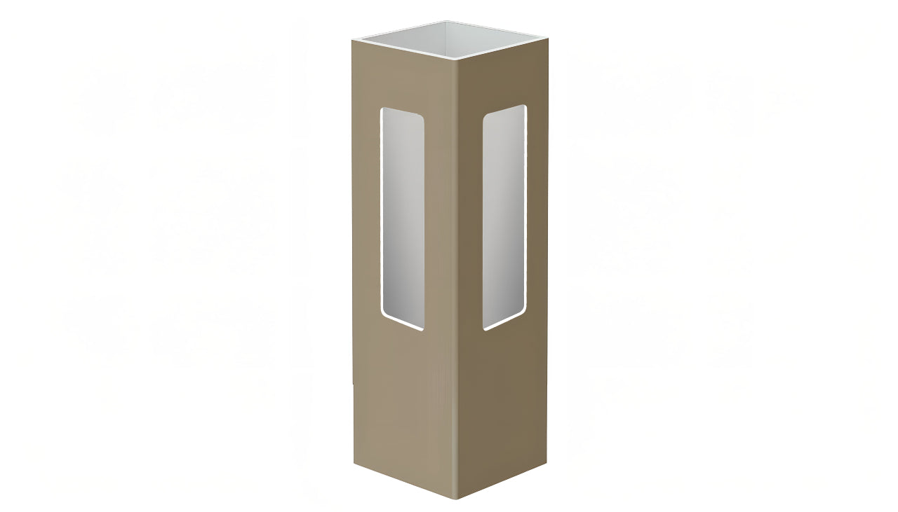 An adobe-colored corner post for vinyl fencing.