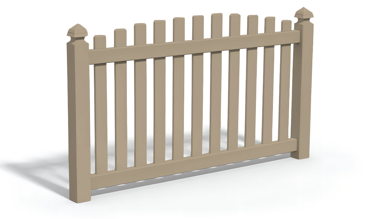 Adobe-colored vinyl fence panel with an overscallop panel design.