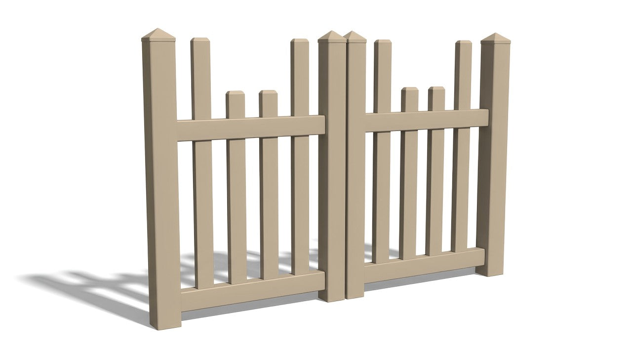 Double drive vinyl gate doors for a beige vinyl fence.