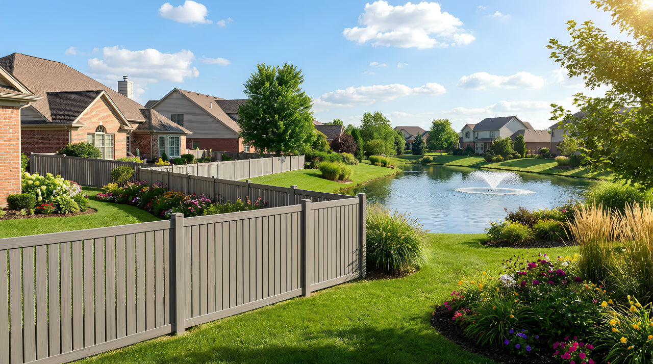 An upper-class neighborhood with a fountain-equipped pond, gardens, and gray semi-private vinyl fencing.