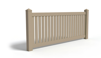 An adobe-colored vinyl fence panel with closed pickets.