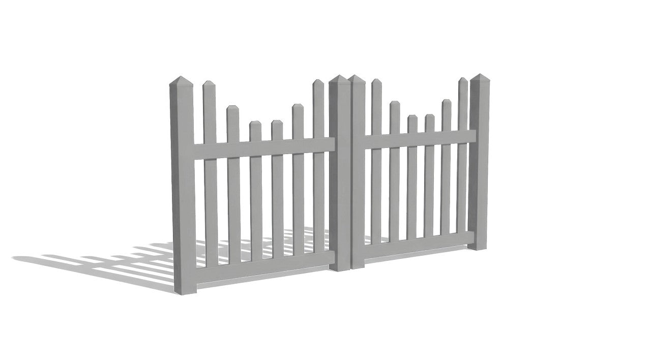 A gray vinyl picket fence gate, with the pickets in an underscallop formation.