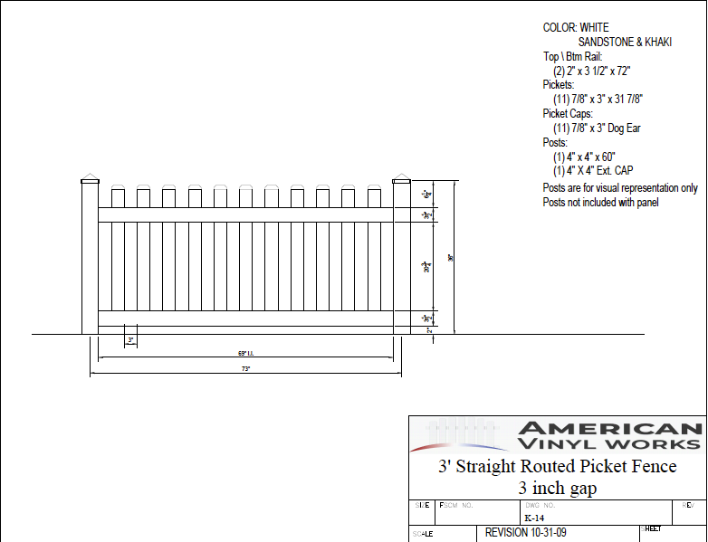 [K-14] 3' Tall x 6' Wide Straight Routed Picket Fence with 3" Air Space For Vinyl Fences