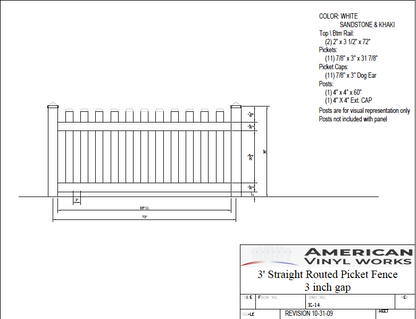 [K-14] 3' Tall x 6' Wide Straight Routed Picket Fence with 3" Air Space For Vinyl Fences