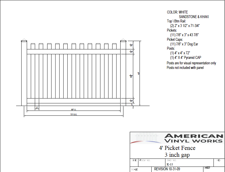 [K-15] 4' Tall x 6' Wide Picket Fence with 3" Air Space For Vinyl Fences