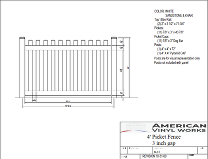 [K-15] 4' Tall x 6' Wide Picket Fence with 3" Air Space For Vinyl Fences