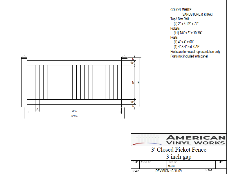 [Price Per Foot - K-16] 3' Tall Closed Picket Fence with 3" Air Space For Vinyl Fences