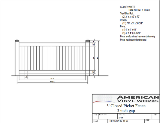 [K-16] 3' Tall x 6' Wide Closed Picket Fence with 3" Air Space For Vinyl Fences