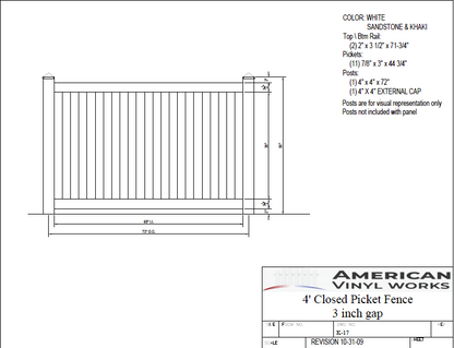 [Price Per Foot - K-17] 4' Tall Closed Picket Fence with 3" Air Space For Vinyl Fences