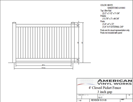 [K-17] 4' Tall x 6' Wide Closed Picket Fence with 3" Air Space For Vinyl Fences