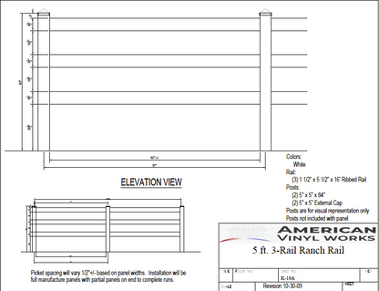 [Price Per Foot - K-19A] 5' Tall 3 Rail Split Ranch Rail For Vinyl Fences